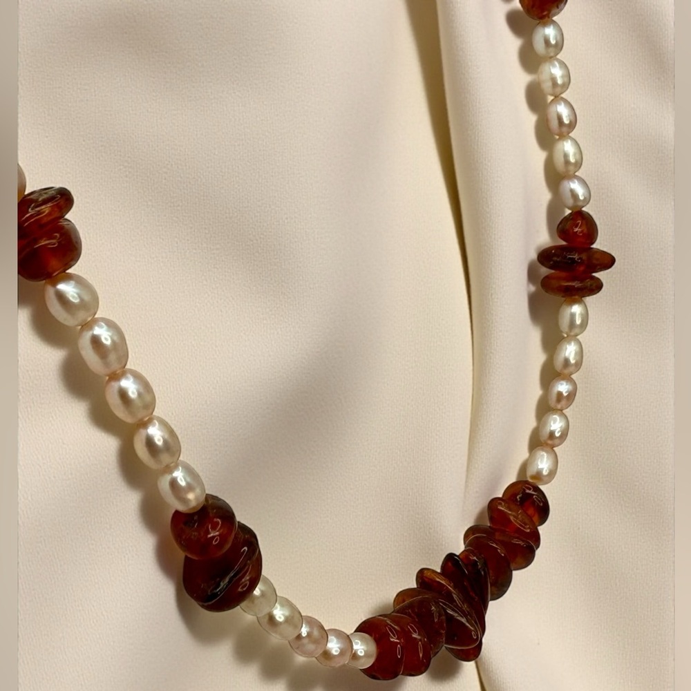 Genuine Amber & Freshwater Pearl Necklace – 18” - Picture 5 of 17